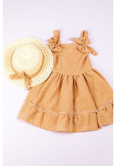 Kız Çocuk Şapkalı Elbise Kareli Fiyonklu B33 Açık Kahverengi