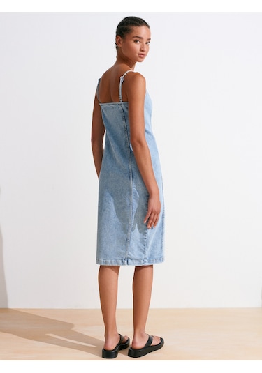 Dilvin 90563 Power Likra Ortaboy Denim Elbise-mavi Mavi