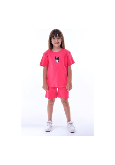 Ribana Beybi Overlok Detaylı Kuromi Nakışlı Alt-üst Takım Fuşya