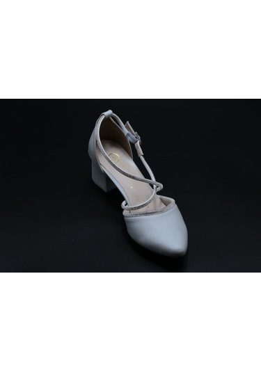 Ayakkabımood Saten Taşlı 5 Cm Kalın Topuk Topuklu Kadın Ayakkabı GÜMÜŞ