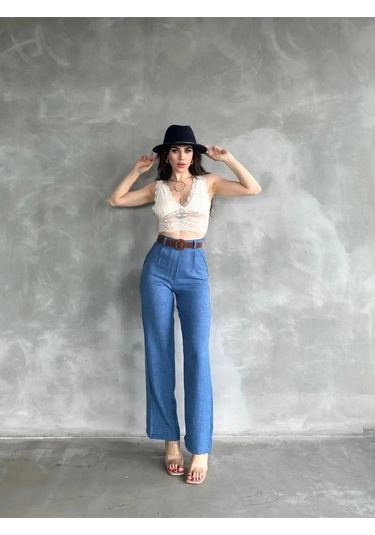 Derenle Beli Kemerli Keten Pantolon Mavi