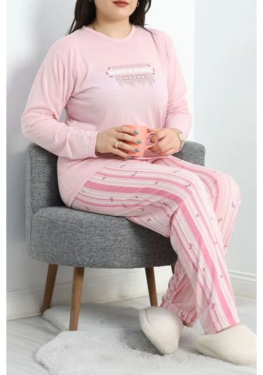 Seka Viskon Büyük Beden Pijama Takımı Pembebeyaz - 50727.1049. Çok Renkli