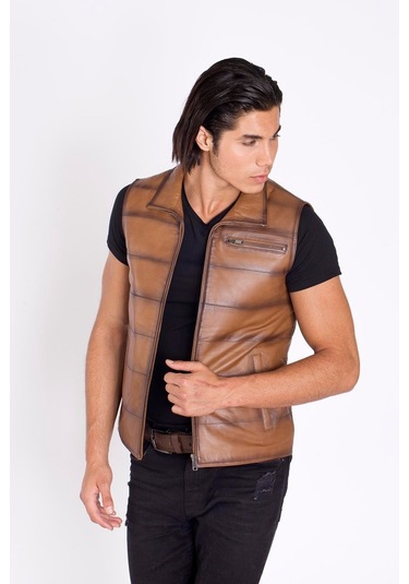 Taba Renk Hakiki Deri Yelek-Taba