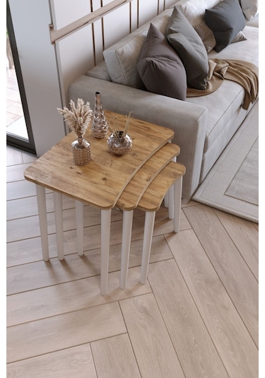 Zuesse Dizayn Beyza 3lü Zigon & Yan Sehpa Beyaz Ahşap Ayaklı Salon Seti Çay Sehpası - Çamçam