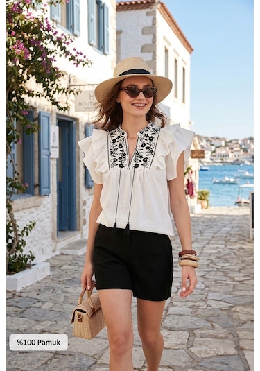 Lela Pamuklu Regular Fit Nakış Işlemeli Bayan Bluz 611Bz0253 Ekru-Siyah