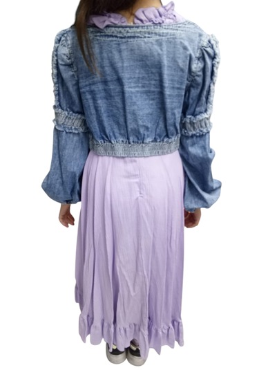 Kız Çocuk Yakası Fırfırlı Kot Ceket Lila Renk İkili Takım Elbise Lila