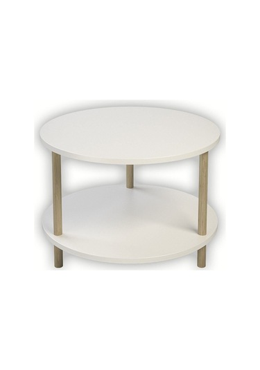 Yuvarlak Orta Sehpa Ahşap Ayaklı Sehpa Iki Raflı Sehpa Dekoratif Sehpa Gazetelikli - Beyaz - 60cm Beyaz