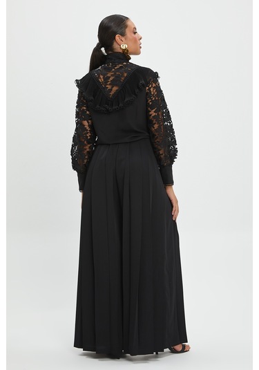 Kadın Dantel Detaylı Uzun Kollu Bluz - Yüksek Yaka, Transparan Kol, Şık Ve Modern Tasarım - Ofis Ve Özel Davetler İçin Bluz Siyah