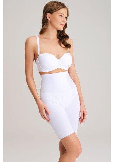 Toparlayıcı Bel Ve Bacak İnceltici Dikişli Uzun Paçalı Orta Bel Sıkı Şort Korse Beyaz