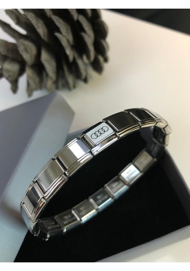 Erkek Kadın Çelik Bileklik - Audi Logo Model Italy Charm Nomi Sevgiliye Eşe Babaya Gümüş