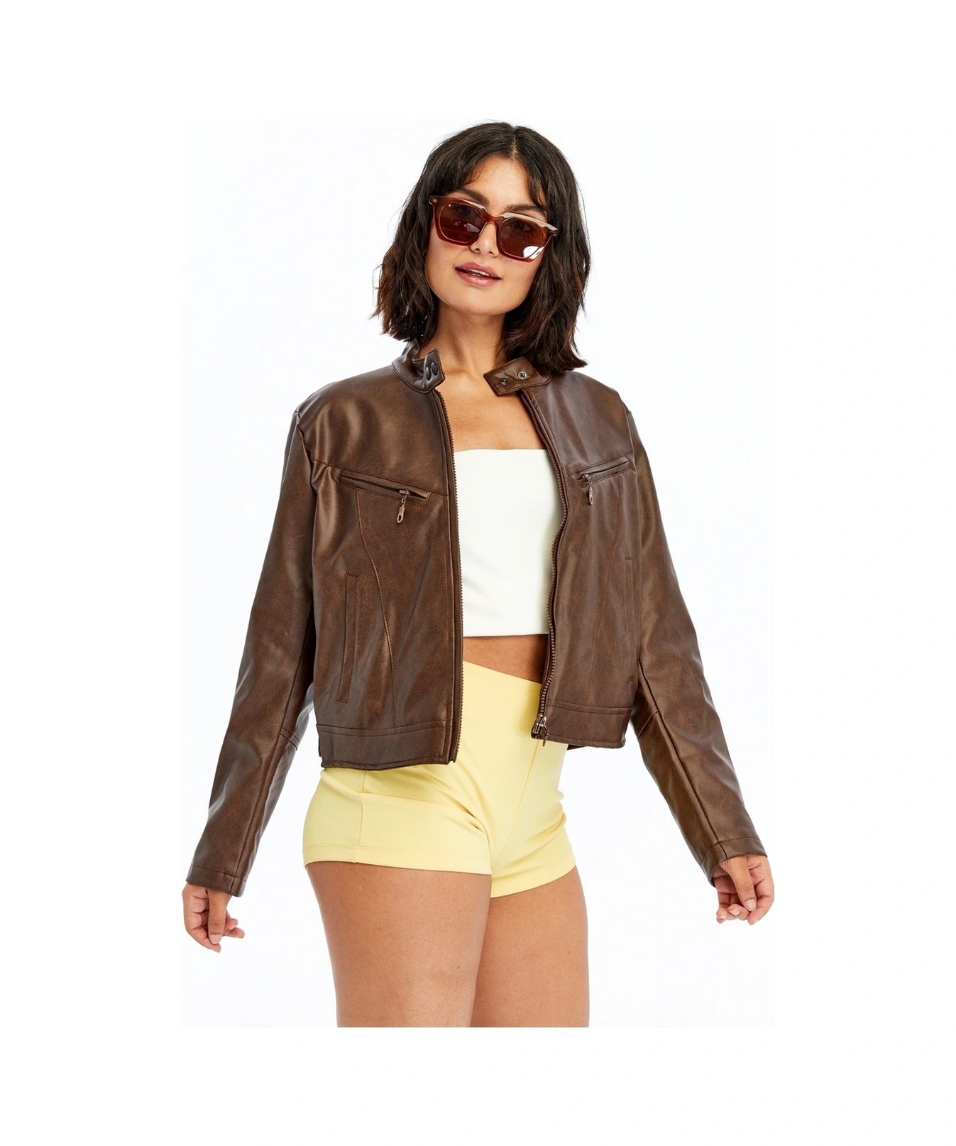 Kadın Deri Ceket Niş Kompakt Tasarım Mont Günlük Kullanım Fermuar Hakim Yaka Şık Ceket Kahverengi