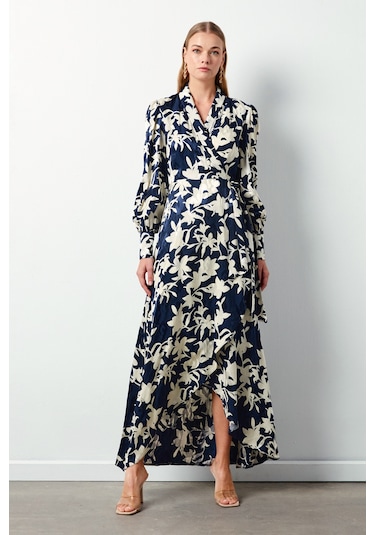 Sateen Çiçek Desenli Uzun Elbise - Lacivert