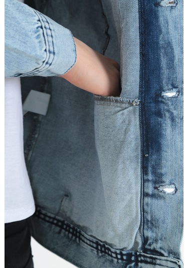 Erkek Buz Mavisi Körüklü Cep Oversize Kot Ceket Buz Mavi