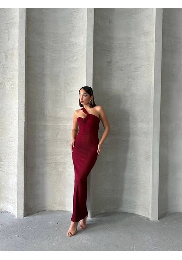 Krinkıl Tek Omuz Uzun Elbise Bordo S25455 Bordo