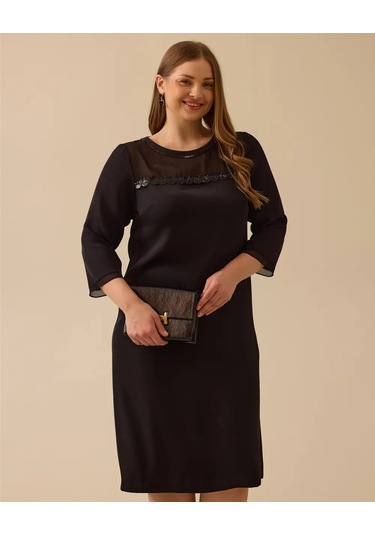 Büyük Beden Pullu Transparan Detaylı Elbise Gala-xi Siyah