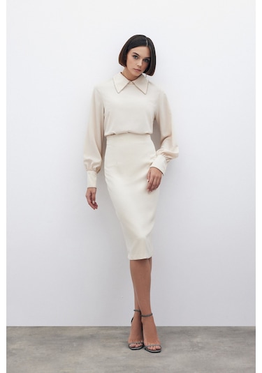 Sateen Düz Kalem Etek - Bej