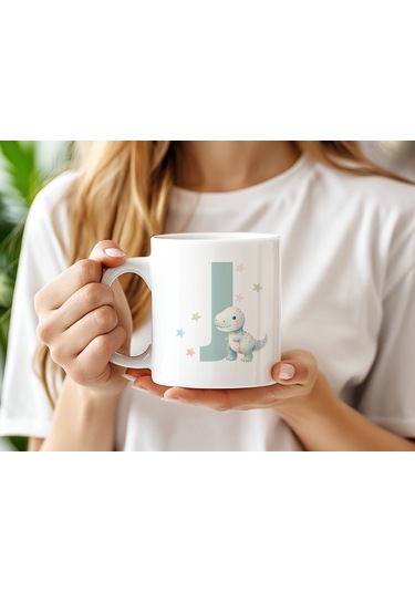 J Harfi Sevimli Dinozor Kupa Bardak - Açık Yeşil Yıldız Detaylı Dino Tasarım - Hediye Beyaz