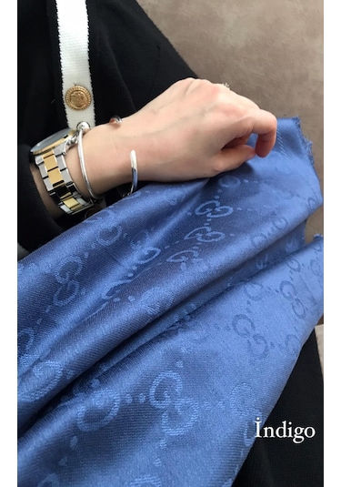 Miorel Scarfs G Desen Çift Taraflı Kaşmir İpek Şal 4 Mevsim Soft Pamuklu Şal İndigo