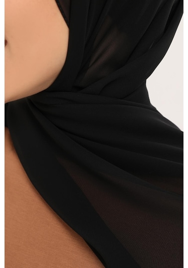 Hazır Pratik Lüks Geçmeli Lastikli Boneli Şifon Şal Siyah