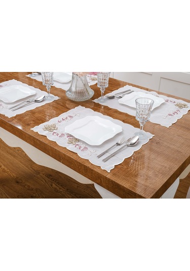 Finezza Linda Nakışlı Keten Efekt Kumaş Krem Pembe A.Servis 33x45cm 4 Ad.-1399 Krem