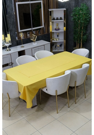 Dream 8 Parça Masa Örtüsü Seti Çeyiz Seti Salon Masa Örtüsü, Runner, 6'lı Peçete Sarı