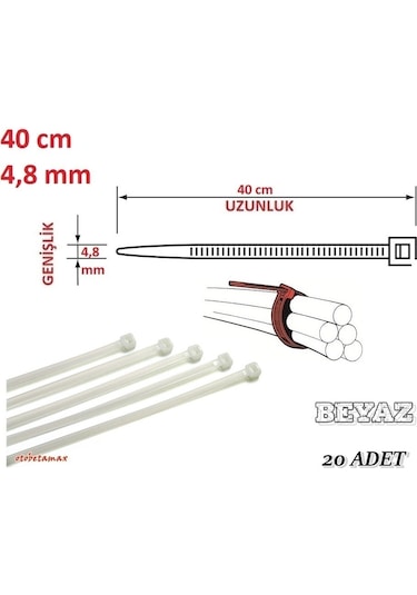 20 Adet Pemsan 40Cm X 4.8Mm Plastik Cırt Kelepçe Beyaz