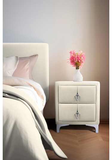 Harmony Silver Iki Çekmeceli Komodin- Yatak Odası Kumaş Döşemeli 2 Kapaklı Komodin Modeli Beyaz
