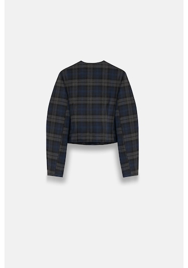 Kadın Lacivert Ekoseli Bisiklet Yaka Crop Blazer Lacivert