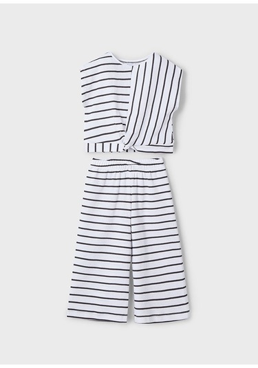 Mayoral 3559 Kız Çocuk Beyaz-antrasit Çizgili Pantolon Takım Beyaz