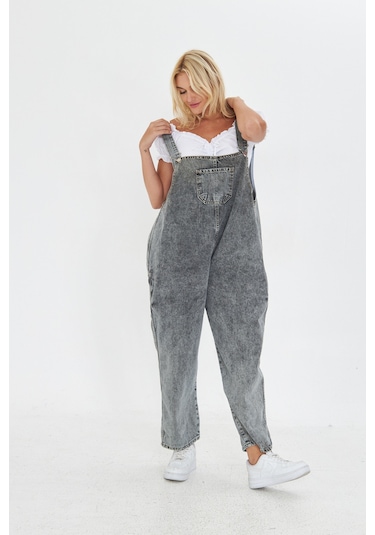 Antrasit Ayarlanabilir Askılı Cepli Oversize Kesim Denim Salopet Antrasit