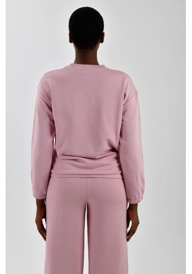 Kadın Önü Logo Baskılı Bisiklet Yaka Sweatshirt Pembe