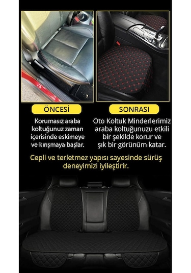 Organic Tay Tüyü Cepli & Terletmez Sırtlı Oto Koltuk Minder Seti Siyah-siyah Koltuk Koruma Kılıfı 3'lü Set