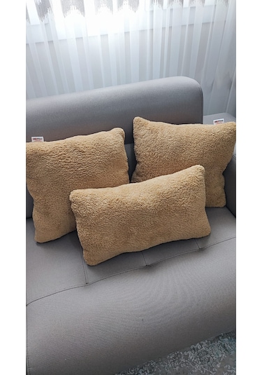 3- Lü Kare Takım Kırlent / Yastık 2 Kenar Hardal / 1 Orta Hardal