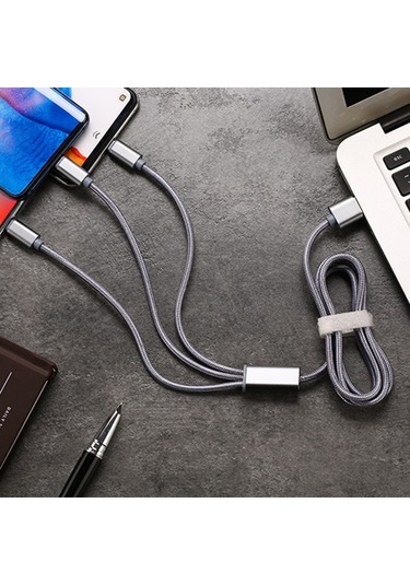 Yaozixa Gri Nylon Örgü 3'ü 1 Kablosu: Lightning/type-c/micro Usb Bağlantıları İle 3 Cihazı Aynı Anda 2a Hızlı Şarj Edebilir