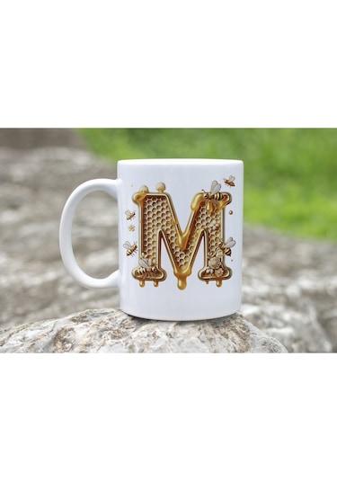 M Harfi Bal Arısı Tasarım Kupa Bardak - Bal Ve Petek Desenli Kişiye Özel Kahve Kupası - Hediyelik Beyaz