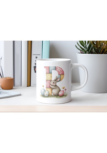 P Harfli Tavşan Kupa - Patchwork / Yamalı Desenli İsme Özel Kupa - Pastel Vintage Tarz Hediyelik 07 Beyaz