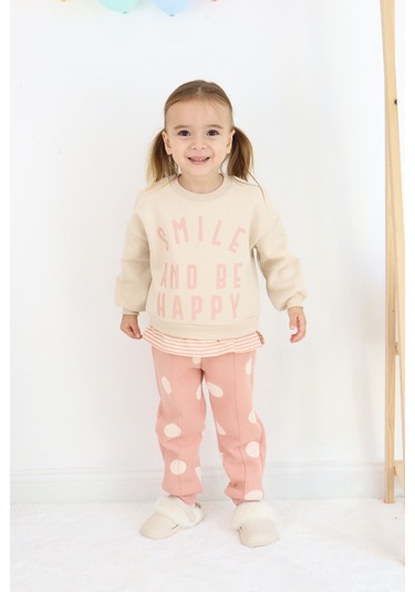 Kız Çocuk Smile And Happy Baskılı Kalın Eşofman Takımı Ekru