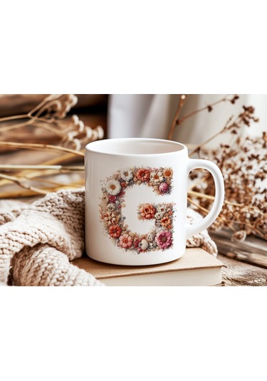 G Harfi Çiçek Desenli Kupa Bardak - Alfabe Harfleri İle Doğal Çiçekli Kupa - Hediye Fikir Beyaz