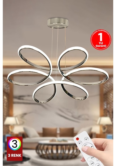 Fuzon 3 Renk Kumandalı Krom Gümüş Salon Led Avize Orkide Ledli Avize Gümüş