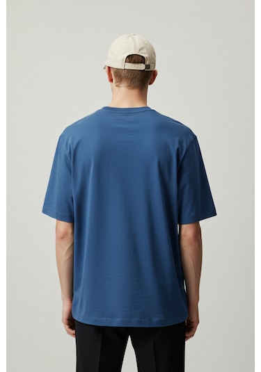 Erkek Oversize Basic Tişört Unisex %100 Pamuk Rahat Kalıp Erkek Tam Oversize Tişört Indigo