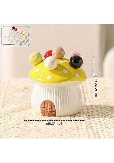 Trendooze Gaojunshop01 7 Parça Sarı Seramik Mantar Pasta Çatal Seti 304 Paslanmaz Çelik Meyve Aletleri Sarı Sarı