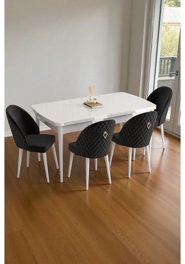 Mura Beyaz 80x132 Açılabilir Mdf Masa Yemek Odası Takımı, Mutfak Takımı 4 Adet Sandalye Siyah