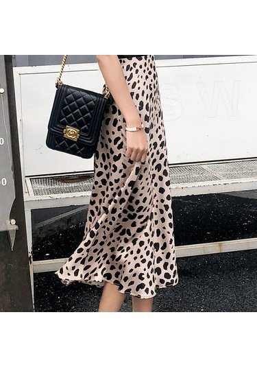 Qooth Kadın Yaz Yüksek Bel Saten Leopar A-line Etek Zarif Vintage Retro Moda Midi Etek Qt1823 Leopar