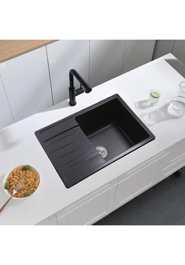 Simpex Tek Göz Damlalıklı Granit Eviye Siyah 86x50cm