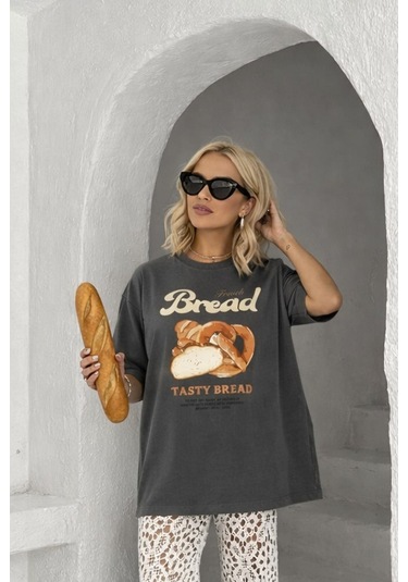 Kadın Premium Kumaş Baskılı Oversize T-shirt Antrasit