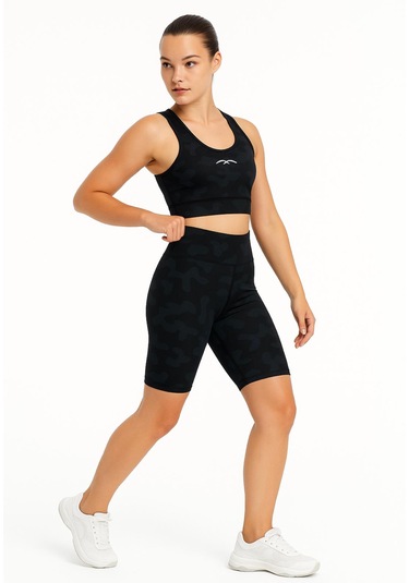 Kadın Siyah Crop Şort Kamuflaj Desenli Takım Baskı Detaylı B2089-d742-1 Siyah - Kamuflaj