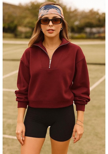 Fashion Friends Fermuarlı Kamyoner Yaka Bordo Kadın Sweatshirt 25k0166k1 Bordo