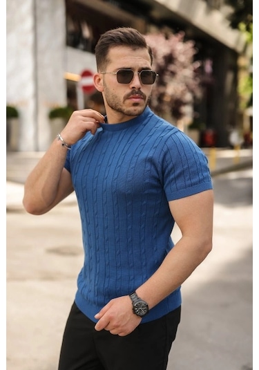Valensdesign Erkek Örgü Desen Bisiklet Yaka Triko Tişört - %100 Pamuk Akrilik Saks
