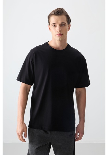 Siyah %100 Pamuk Kalın Yumuşak Dokulu Oversize Fit Basic Erkek T-shirt - 88353 Siyah
