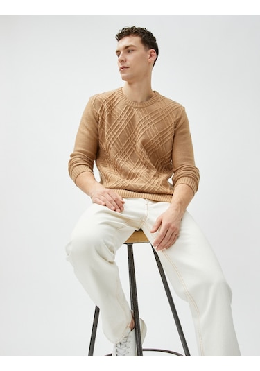 Koton Triko Kazak Baklava Desenli Uzun Kollu Bisiklet Yaka Deve Tüyü 4wam70067ht 4WAM70067HT100 Taba